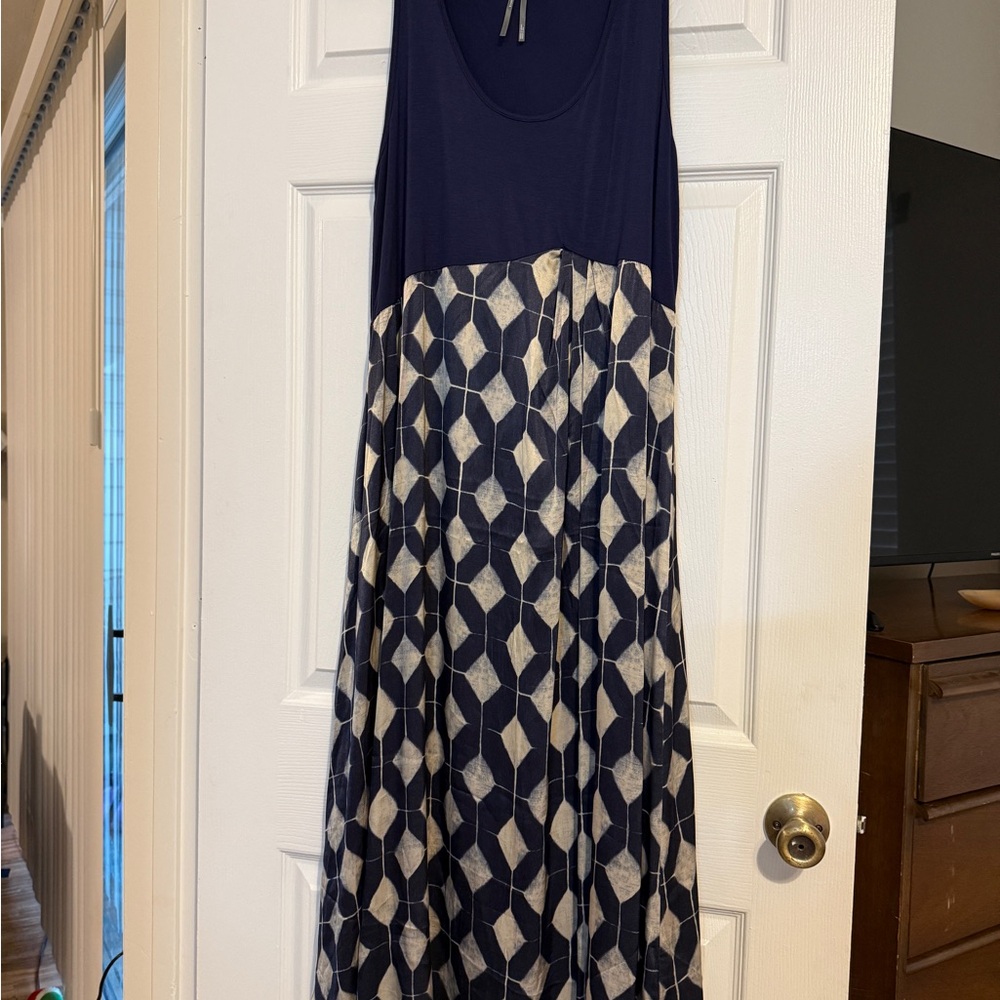 Anthropologie Navy and Cream Geometric Sleeveless Maxi Dress